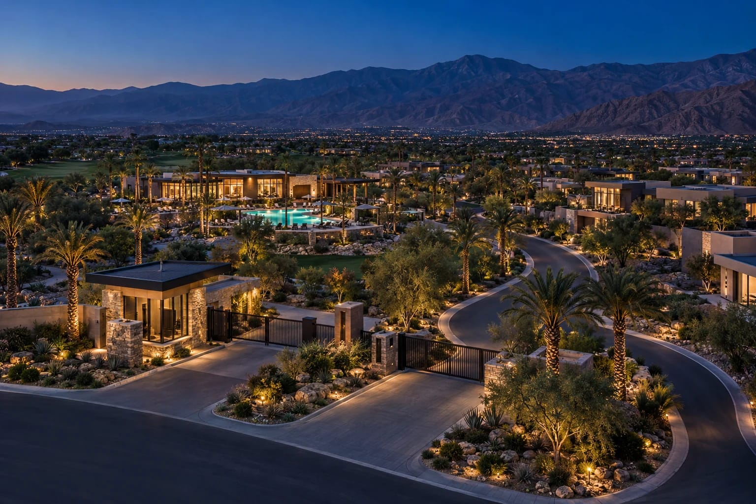 Illustrative Coachella Valley residential community with streets, homes and shared amenities