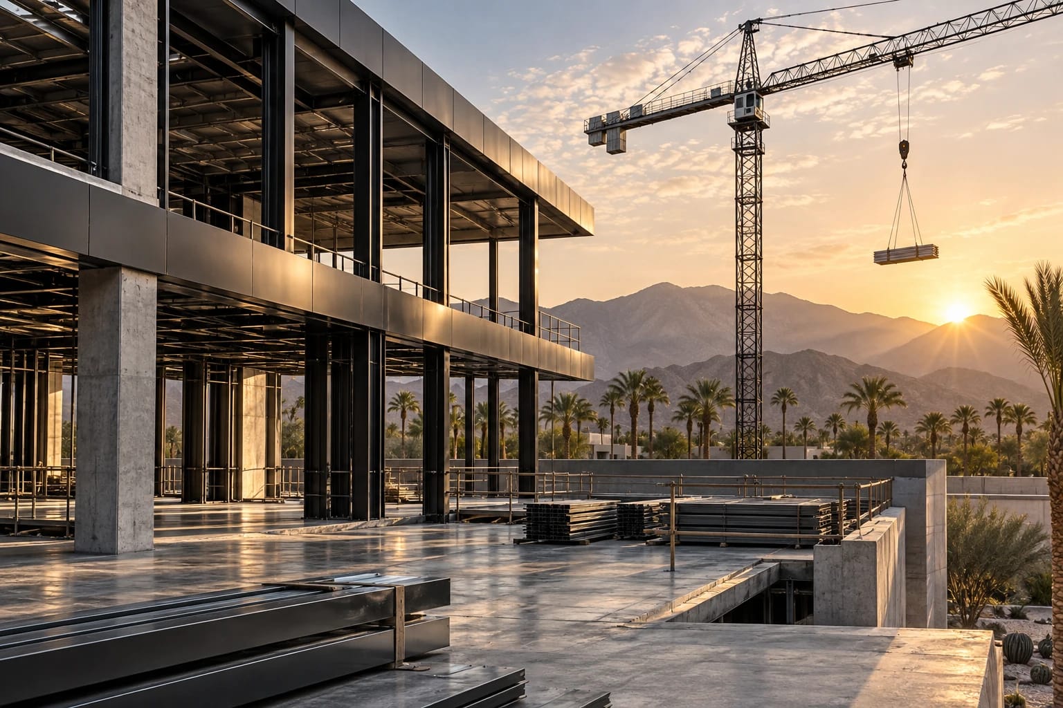 Illustrative desert commercial construction site with a crane