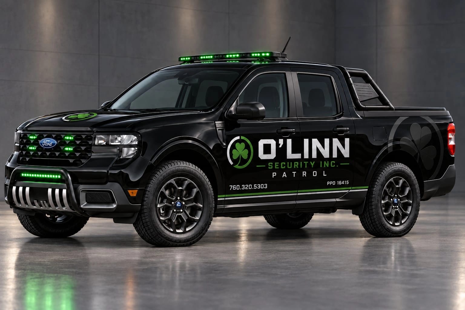 Illustrative black O’Linn Ford Maverick mobile patrol vehicle