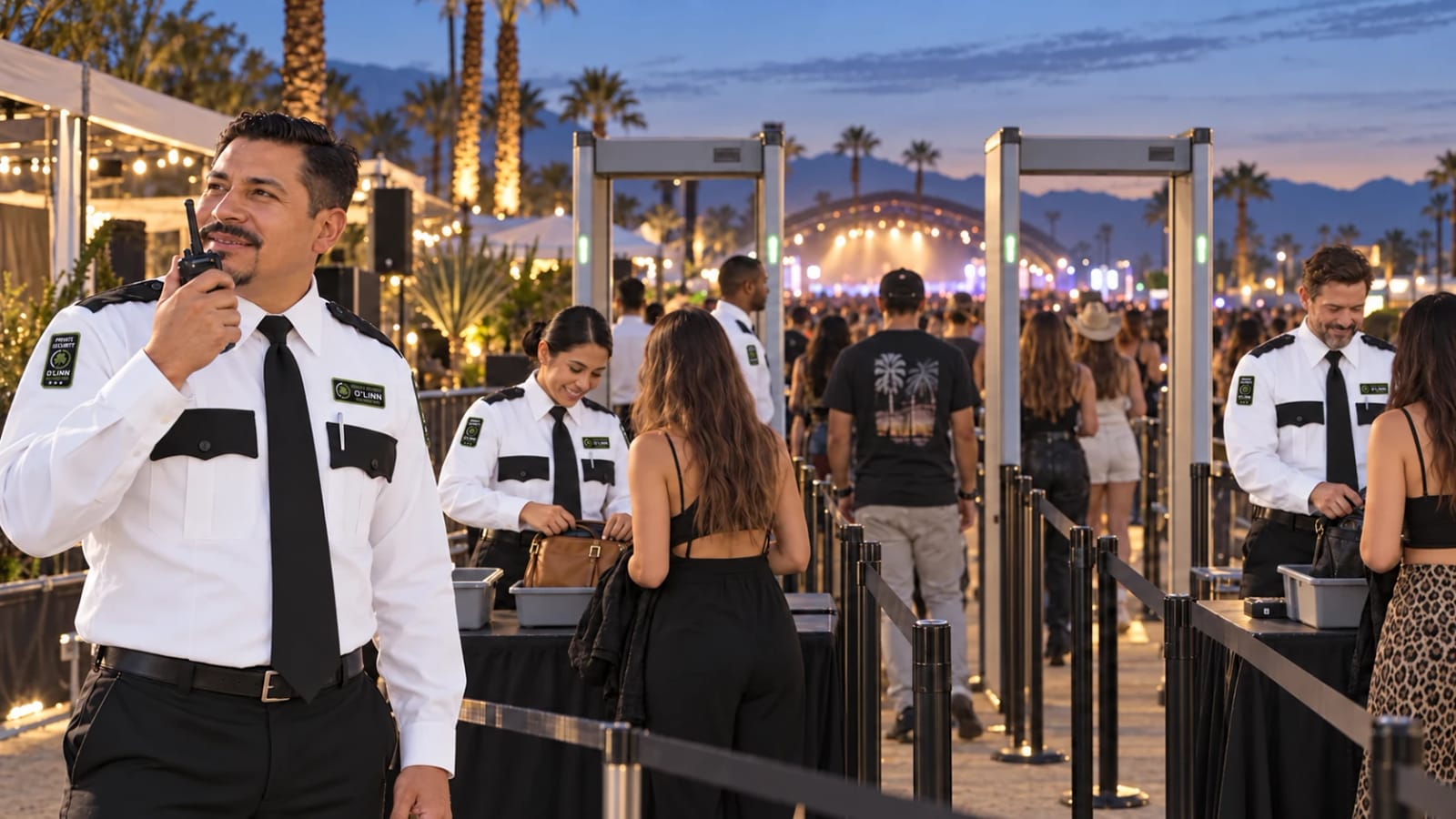 Illustrative O’Linn event team in white dress uniforms coordinating bag inspection and metal-detector entry lanes by radio