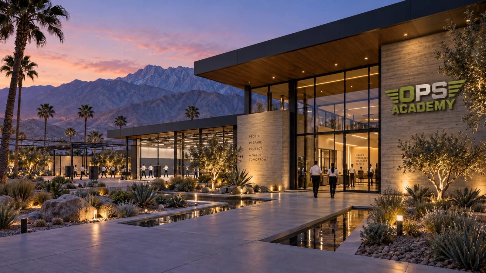 OPS Academy architectural concept with the winged olive and silver academy sign and desert mountain backdrop