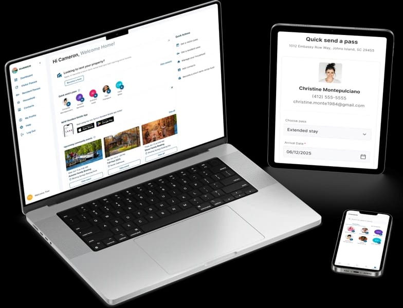 SymLiv access-control product example showing guest passes on a laptop, tablet and phone