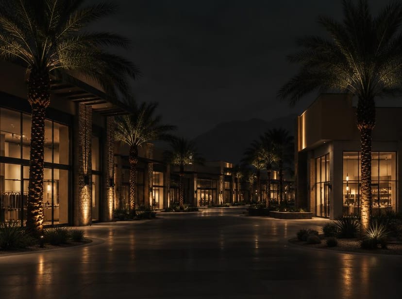 Illustrative desert shopping center with storefronts, walkways and parking