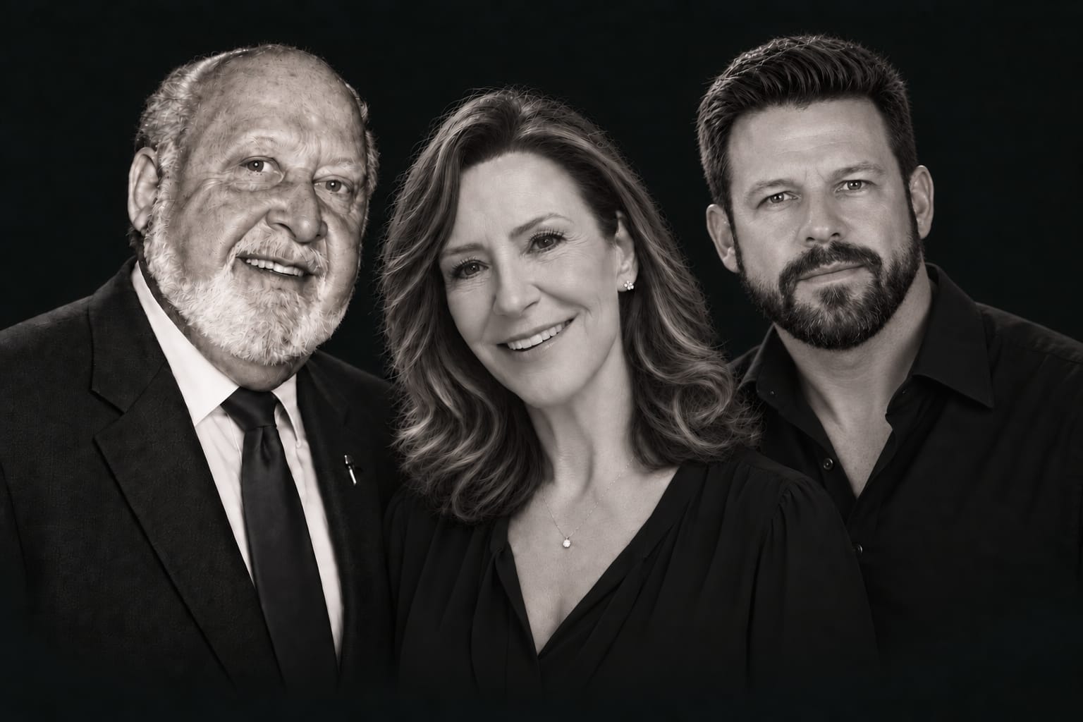 Three generations of the O’Linn family, together in a monochrome portrait