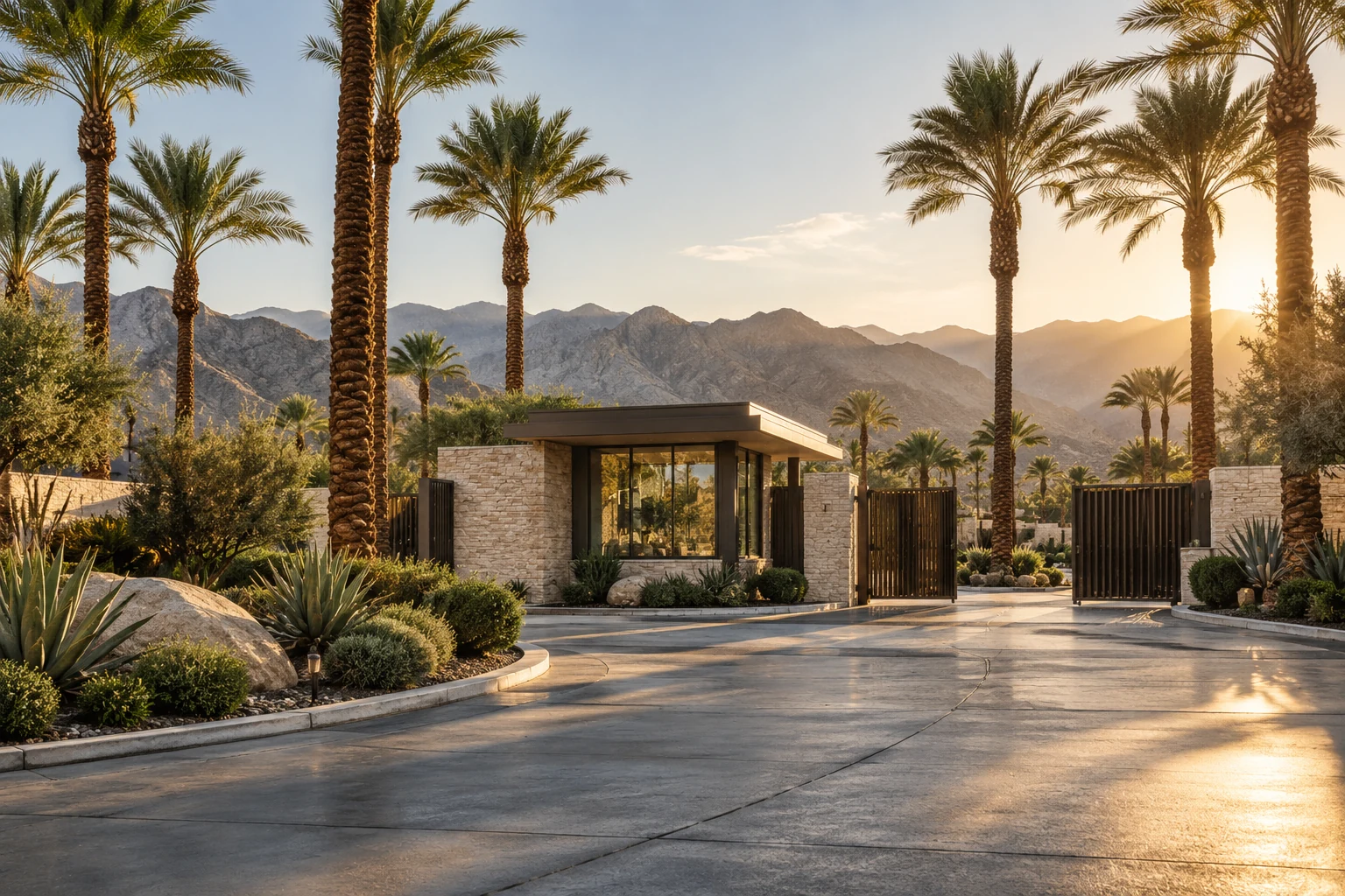 Illustrative desert community gatehouse framed by palm trees and mountains