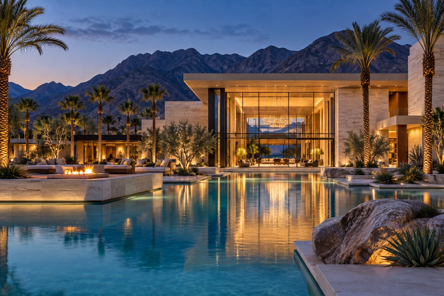 Illustrative Coachella Valley resort with a pool and illuminated lobby at dusk
